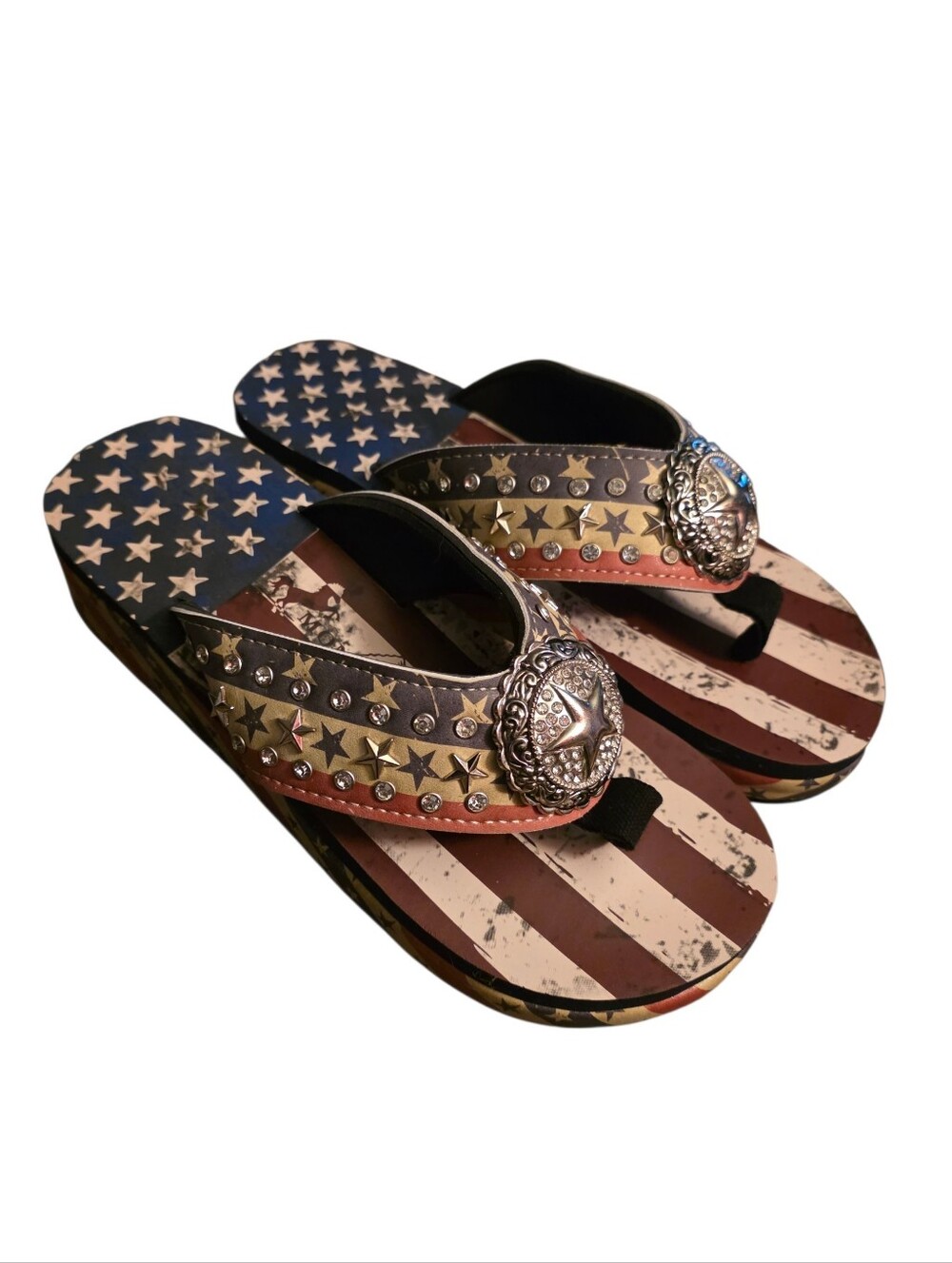 Montana West Silver Concho Patriotic Flag & Stars Wedge Flip Flop  Nib